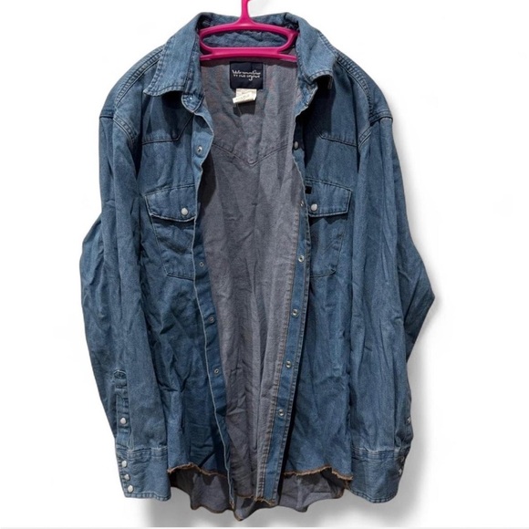 Vintage Wrangler Cowboy Cut Denim Western Pearl Snap Button Cotton Shirt Large - Picture 7 of 8